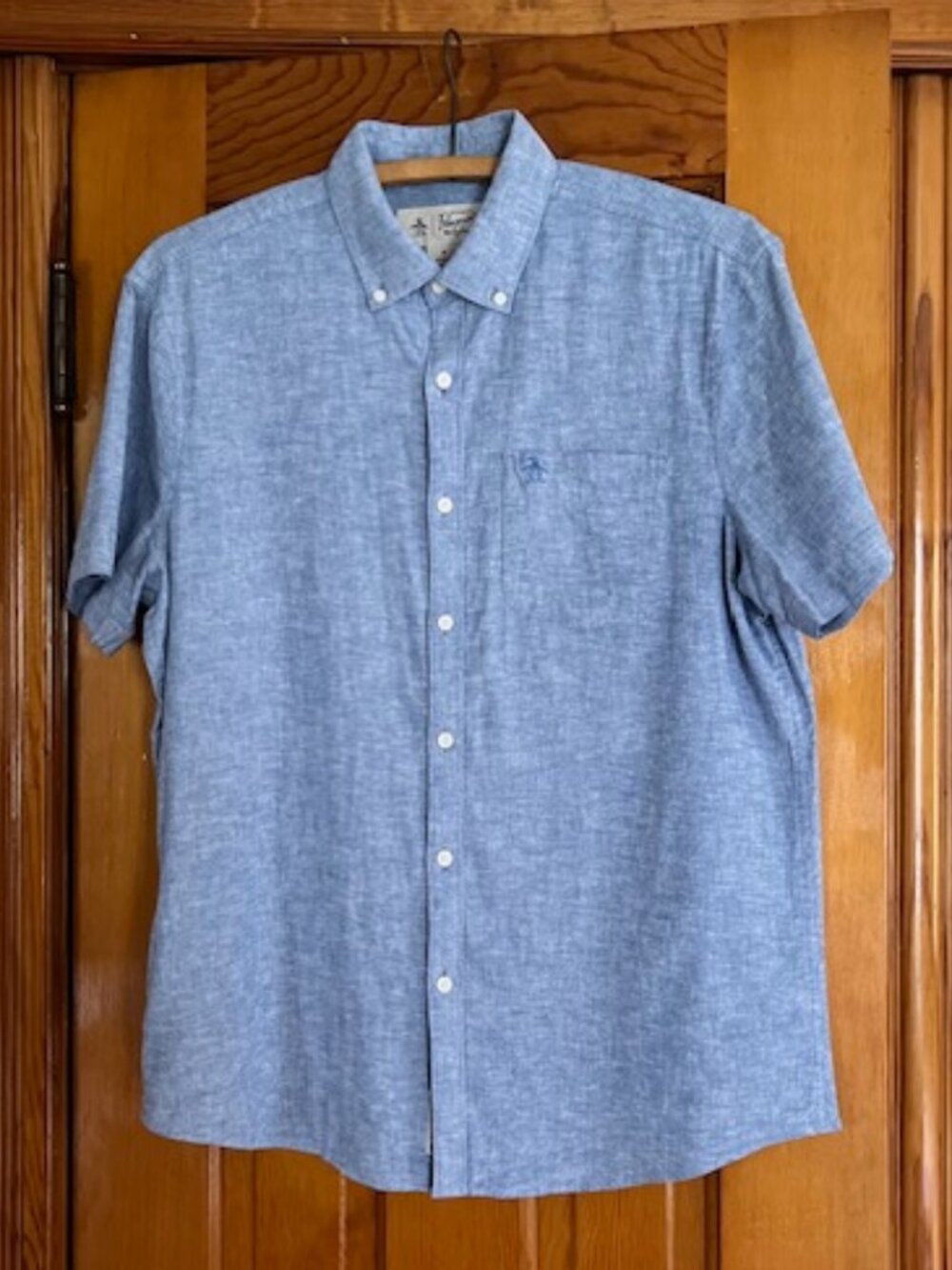 Penguin By Munsingwear® Chambray Style Short Sleeve Blue Linen Blend Shirt Men M